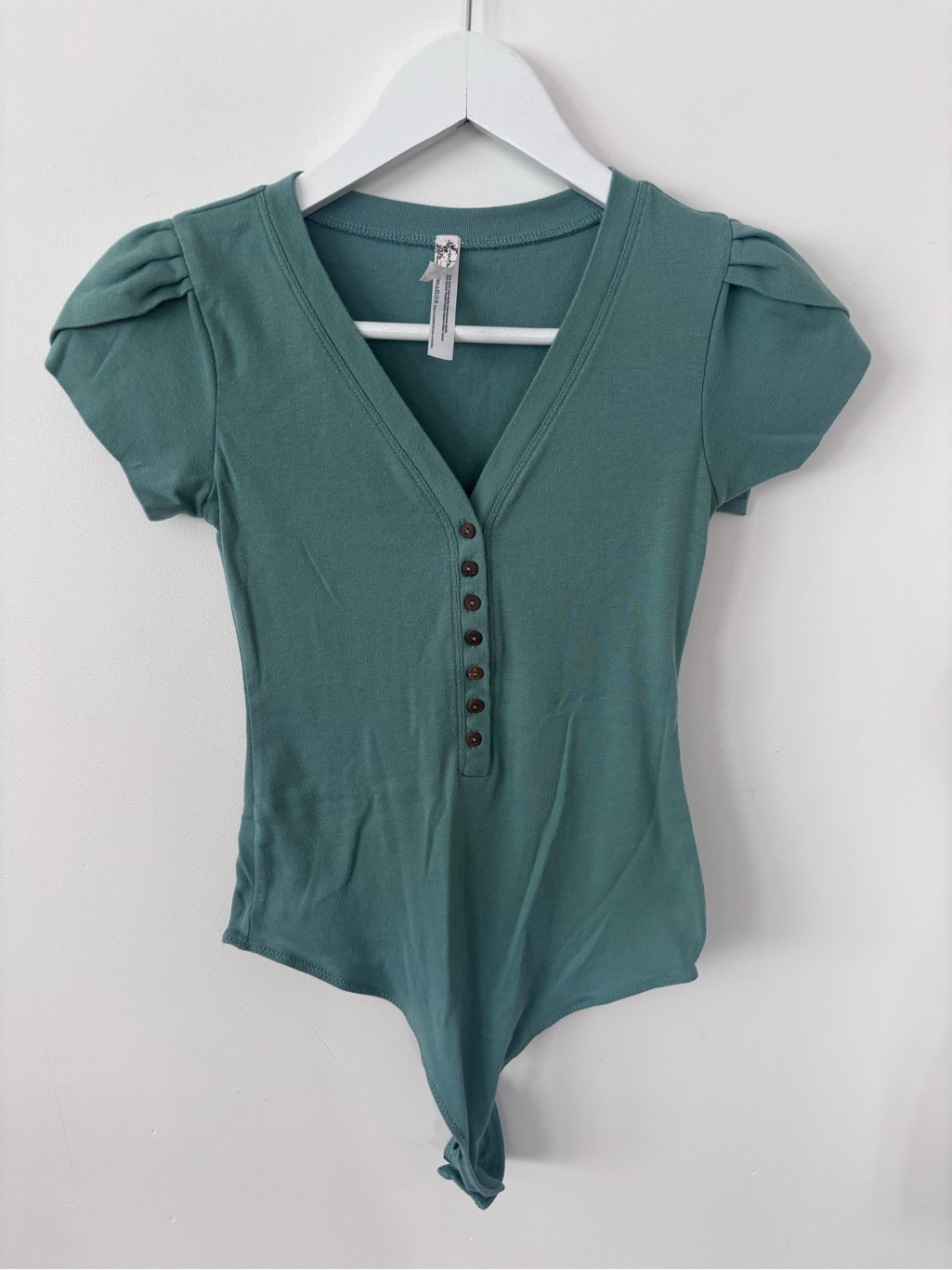 Free People Green V-Neck Button Bodysuit